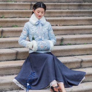 Faux-fur Collar / Embroidered Padded Jacket / High Waist Midi A-line Skirt / Embroidered Hand Warmer