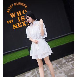 Set: Elbow-sleeve Sheer A-line Dress + Slipdress