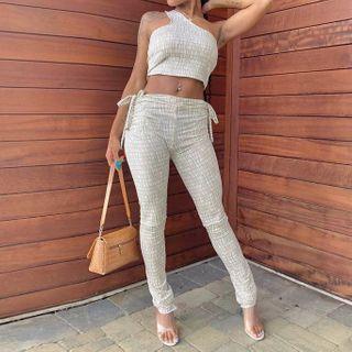 Set: Plaid One-shoulder Crop Top + Skinny Pants