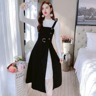 Set : Mock-turtleneck Plain Sweater + Lace Panel Jumper Skirt