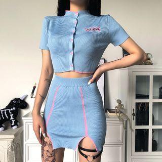 Set: Short-sleeve Button T-shirt + Mini Fitted Skirt