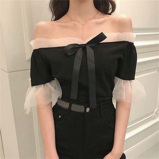 Off-shoulder Mesh Trim Bow Top Black - One Size