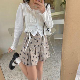 Long-sleeve Drawstring Ruffle Trim Blouse / High-waist Print Pleated Skirt