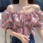 Short-sleeve Off-shoulder Floral Cropped Blouse White - One Size