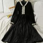 Lace-trim V-neck Velvet Midi Dress Black - One Size