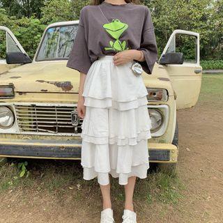 Elbow-sleeve Frog Print T-shirt / Midi Layered Skirt