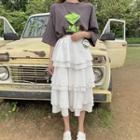 Elbow-sleeve Frog Print T-shirt / Midi Layered Skirt