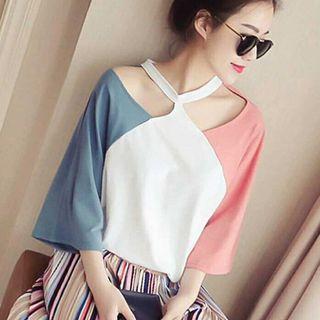 3/4-sleeve Color Block Cutout Top
