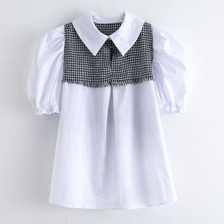 Hounstooth Panel Puff-sleeve Blouse