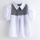 Hounstooth Panel Puff-sleeve Blouse