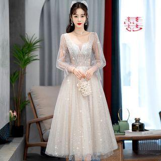 Bell-sleeve Mesh Midi A-line Cocktail Dress