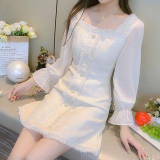 Long-sleeve Square Neck Tweed Panel Frayed Mini Dress