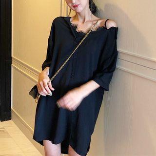 Lace Trim Off Shoulder 3/4 Sleeve Shirt Dress