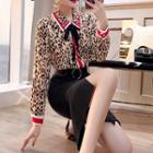 Set: Leopard Print Blouse + Buttoned Straight Fit Skirt