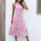 Halter Zebra Print Midi A-line Dress