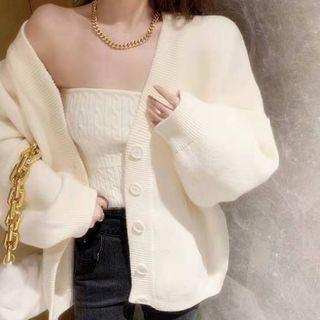 Set: Plain Cardigan + Cable Knit Tube Top
