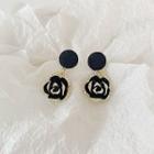 Rose Rhinestone Glaze Dangle Earring 1 Pair - Black Oval - Black Rose & Silver - One Size
