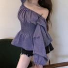 Long-sleeve Off-shoulder Plaid Top Purple - One Size