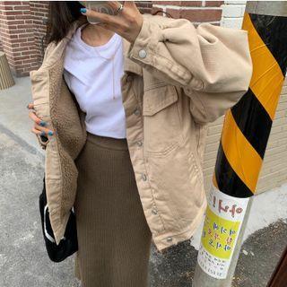 Fleece-lined Loose-fit Denim Jacket Khaki - One Size