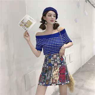 Off-shoulder Short-sleeve Knit Top / High-waist A-line Skirt