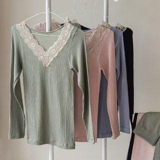 Set: Lace Trim Knit Top + Pants