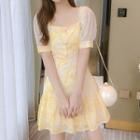 Puff-sleeve Square-neck Floral Mini A-line Dress