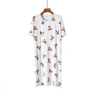 Short-sleeve Bear Printed Sleep Dress Light Blue - One Size