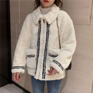 Faux-pearl Button Contrast-trim Fleece Jacket