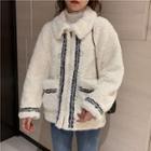 Faux-pearl Button Contrast-trim Fleece Jacket