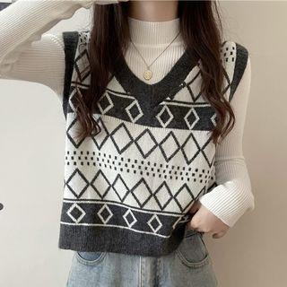 Mock-neck Ribbed Knit Sweater / Patterned Sweater Vest