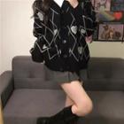 Heart Print V-neck Cardigan / Pleated Mini A-line Skirt / Set
