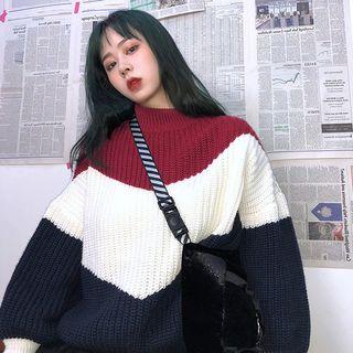 Mock Neck Color Block Sweater Red & White & Navy Blue - One Size
