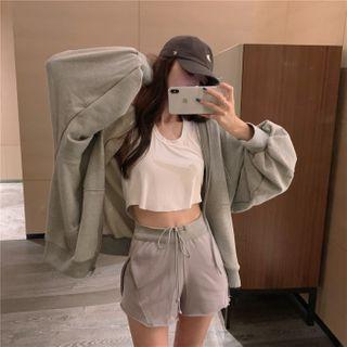 Zipped Hooded Jacket / Drawstring Shorts / Cropped Tank Top