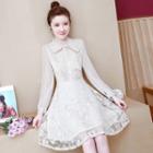 Long-sleeve Perforated Lace A-line Mini Dress
