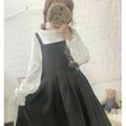 Long-sleeve Blouse / Mini A-line Pinafore Skirt