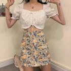 Short-sleeve Lace Up Blouse / Floral Print Mini A-line Skirt