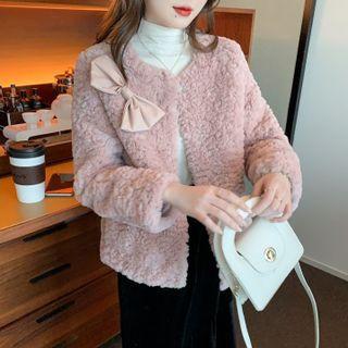 Round Neck Bow Accent Fleece Cropped Jacket