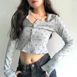 Smiley Face Long-sleeve Cropped Top