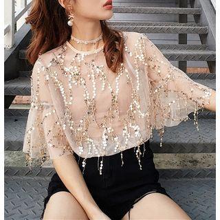Set: Sequined Elbow-sleeve Top + Camisole Top