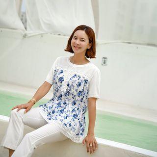 Lace-trim Floral-panel Knit Top