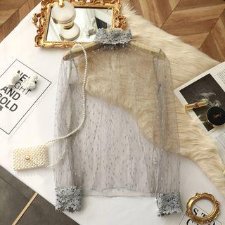 Crochet Collar Long-sleeve Mesh Top