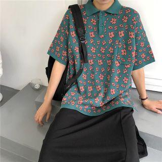 Elbow-sleeve Floral Patterned Polo Shirt