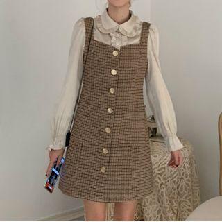 Mock Two-piece Long-sleeve Checked A-line Mini Dress As Shown In Figure - One Size