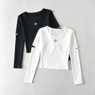 Long-sleeve Cutout Print Cropped T-shirt