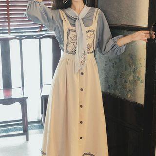 Set: Tie-neck Blouse + Printed Midi Jumper Dress