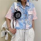 Short-sleeve Tie-dyed Chain-accent Cropped Shirt