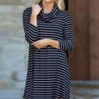 Stripe Turtleneck Long-sleeve Dress