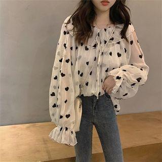 Printed Lace-up Chiffon Long-sleeve Blouse White - One Size