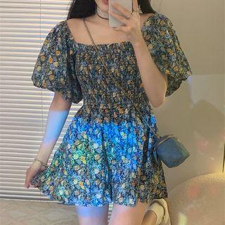 Short-sleeve Off Shoulder Floral Mini A-line Dress Floral - Blue & Yellow - One Size