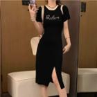 Short-sleeve Lettering Slit Midi Bodycon Dress Lettering - Black - One Size